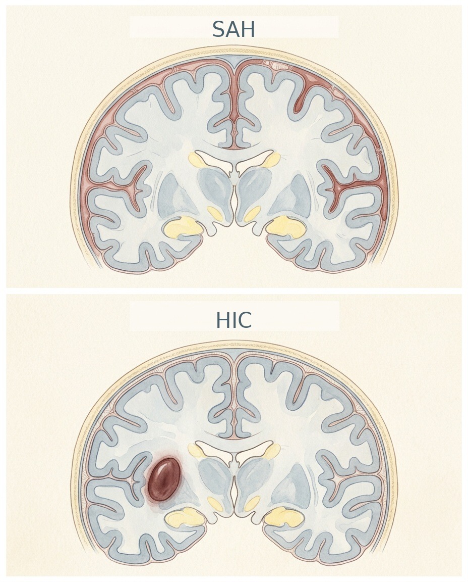 Primerjava subarahnoidne krvavitve okoli možganov in intracerebralnega hematoma v možganskem tkivu.