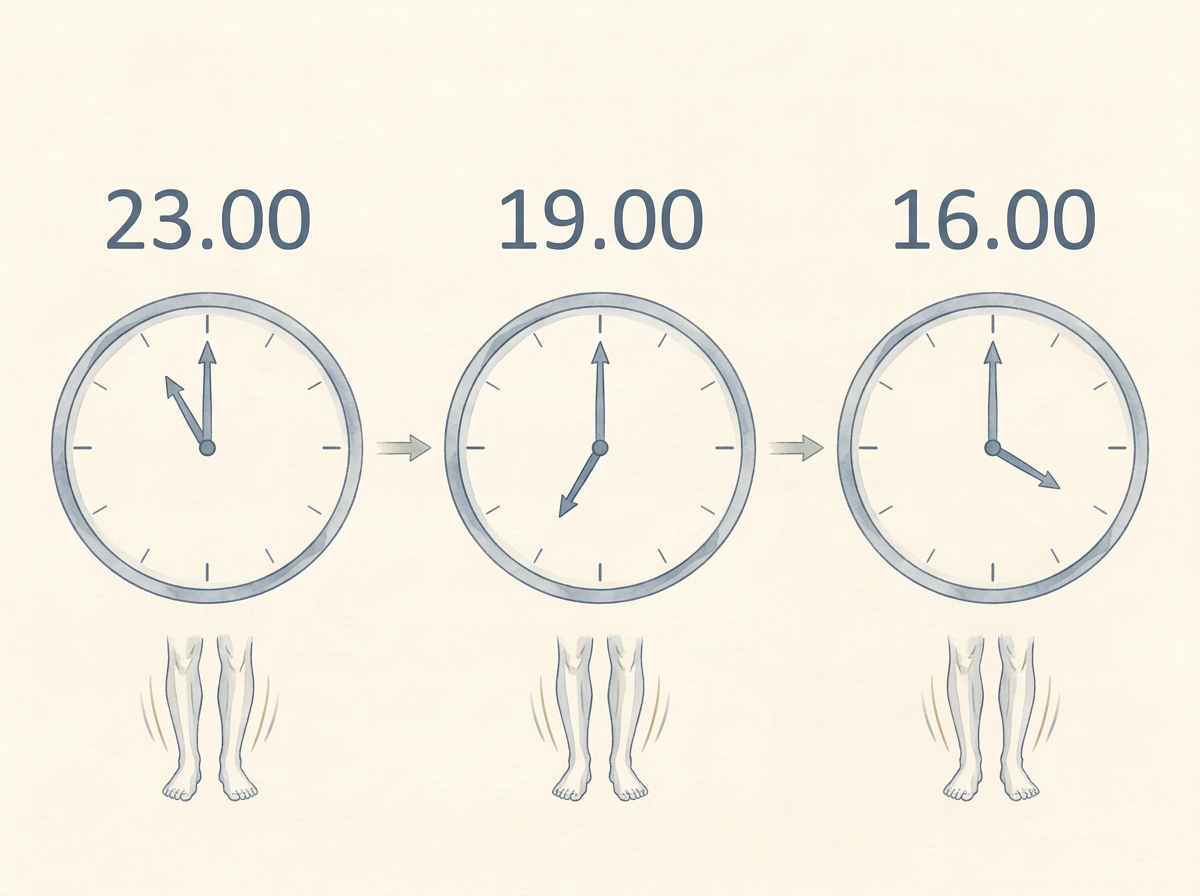 Tri enako velike ure v zaporedju 23.00, 19.00 in 16.00 z enakim motivom nemirnih nog pod vsako uro.