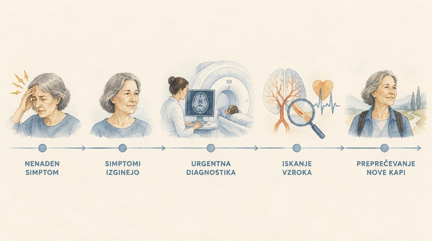 Časovnica po TIA: nenaden simptom, izginotje simptomov, urgentna diagnostika, iskanje vzroka in preprečevanje nove kapi